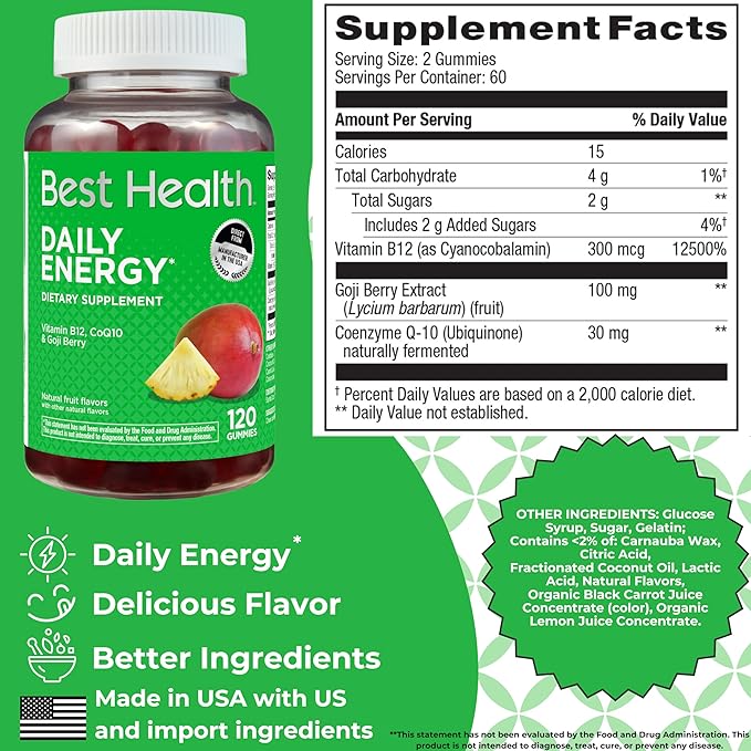 Daily Energy Gummies*, Daily Energy Vitamins with B12, CoQ10 & Goji Berry, Caffeine Free Vitamins for Adults, Natural Fruit Flavor(120ct)