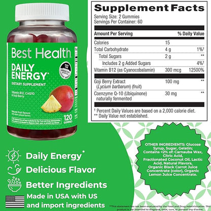 Daily Energy Gummies*, Daily Energy Vitamins with B12, CoQ10 & Goji Berry, Caffeine Free Vitamins for Adults, Natural Fruit Flavor(120ct)