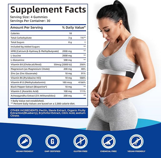 HMB and L-Leucine Gummies, HMB and Leucine Supplement Supports Muscle Fast Workout Support, HMB and Leucine Amino Acid for Men & Women, Sugar Free, Non-GMO, 120 Counts