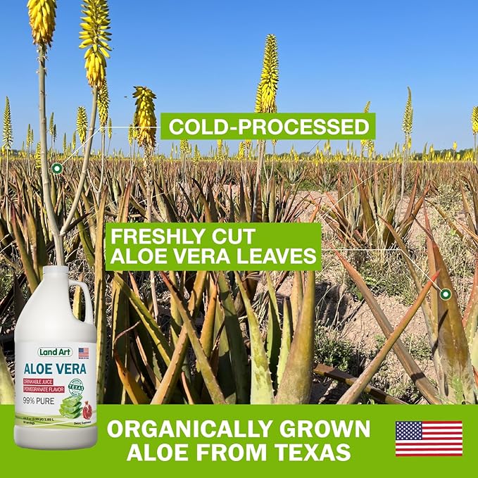 Land Art Pure Aloe Vera Juice - Pomegranate Flavored - Cold-Processed - Inner Filet from Organic Fresh Leaves from Texas - Aid- 64 fl oz