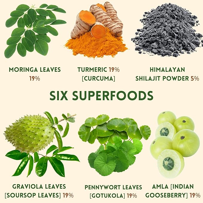 Organic, Non-GMO Moringa, Shilajit, Turmeric, Soursop, Gotukola, and Amla Green Juice Blend Powder, 2-Month Supply, [ Best Before Aug 30, 2028 ]