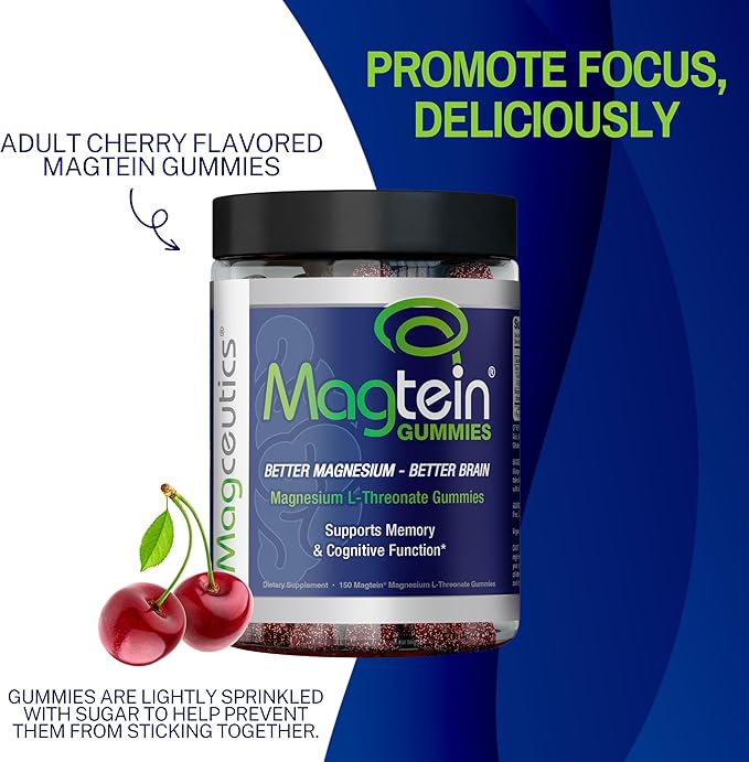 Magtein Gummies - Magnesium L-Threonate Gummy, Brain Support, Focus Supplement, Boost Memory & Cognitive Function - 150 Vegan Gummies