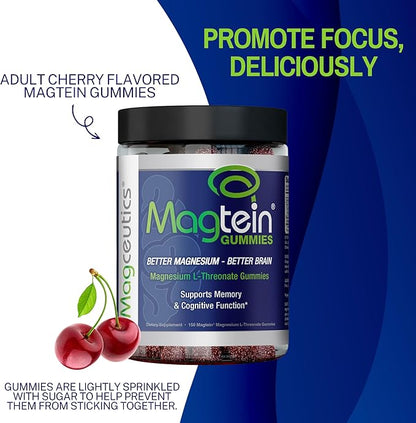 Magtein Gummies - Magnesium L-Threonate Gummy, Brain Support, Focus Supplement, Boost Memory & Cognitive Function - 150 Vegan Gummies