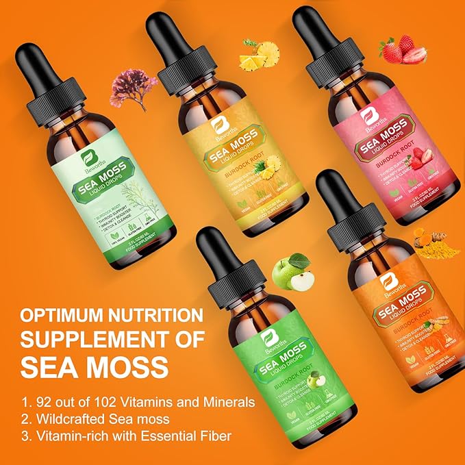 Sea Moss Liquid Drops - Organic Irish Sea Moss Raw Gel with Burdock Root, Tumeric, Spirulina, Seaweed Moss Gel Supplement for Gut Health & Antioxidant Supports - 2 Fl Oz