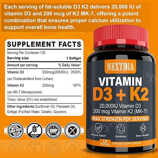 Vitamin D3 20,000 IU + K2(MK7) 200mcg-Optimal Vitamin D3 & K2-Support Strong Bones & Muscle, Calcium Absorption & Immune Health, Helping Vitamin D Deficiencies, Easy to Swallow, (Pack of 2)