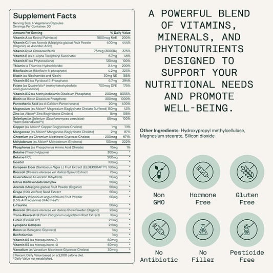 Adapt Naturals Multivitamin for Women & Men, Bioavailable Easy-to-Absorb Multivitamin Daily Supplement with Biotin, Niacin, Vitamin A, B, C, D, E, K1, Zinc, Magnesium - Immune Support - 30 Day Supply