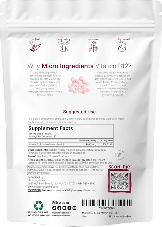Micro Ingredients Vitamin B12 | Methyl B12 Active Form – 240 Chewable Tablets | Fast Dissolve, Natural Strawberry Flavor | Supports Energy & Metabolism Health | Vegan, Non-GMO, Gluten Free