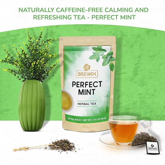 BREWIX, Moroccan Mint Tea (20 Pyramid Tea Bags) | Soothes Your Belly | Calming, Fresh and Cool | Caffeine Free Herbal Tea | No Sugar & No Caffeine