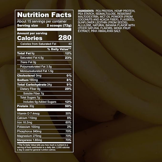 Blueprint by Bryan Johnson Vegan Protein Meal Replacement – Plant Based Hemp Protein with 27g Protein Per Serving – Low Calorie, Flavored Protein for Women & Men – Dairy Free – 15 Servings - Banana