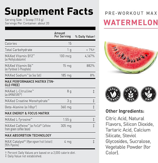 Kaged Pre Workout MAX Powder | Watermelon | Tingle Free, High Stim Pre-Workout | 305 mg Caffeine, Creatine, L-Citrulline | MAXCatalyst for Absorption | Supplements for Men & Women | 20 Servings