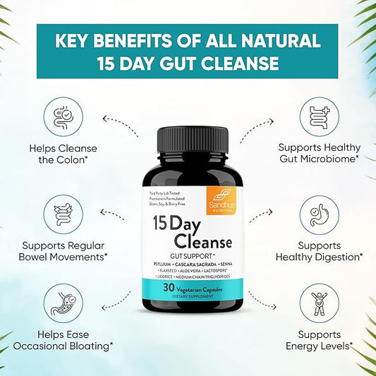 Sandhu's 15 Day Gut Cleanse Colon Detox for Women & Men| Supports Colon Cleansing & Digestive Health| Senna, Cascara Sagrada, Psyllium Husk & Probiotics| 30 Capsules Dietary Supplement,15 Days Supply
