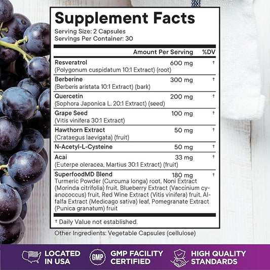 Resveratrol Berberine Grape Seed Extract Quercetin - Polyphenol Supplement with Noni Extract, N-Acetyl Cysteine, Acai Extract - Made in The USA - 120 Capsules