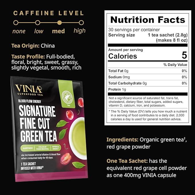 VINIA Signature Green Tea Bags, Made with Organic Green Tea, Infused with Piceid Resveratrol for Heart Health, Nitric Oxide, Physical Energy, Alertness, Blood Flow, Keto, Kosher, Non-GMO. 30 Ct
