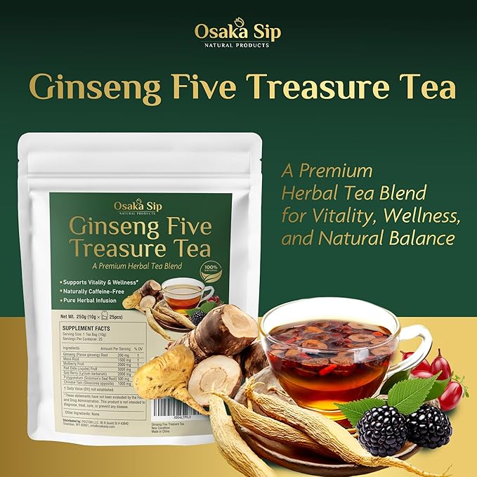 Ginseng Five Treasures Tea Bags - Men Women Kidney Health Chinese Herbal Formula for Natural Detox Cleanse - 7 Cleansing Treasure with Goji Berry Mulberry Wolfberry (25 Bags)