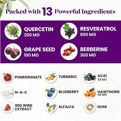 Resveratrol Berberine Grape Seed Extract Quercetin - Polyphenol Supplement with Noni Extract, N-Acetyl Cysteine, Acai Extract - Made in The USA - 180 Capsules
