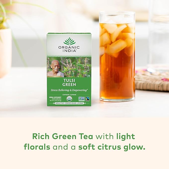 Organic India Tulsi Green Herbal Tea - Holy Basil, Stress Relieving & Empowering, Immune Support, Vegan, USDA Certified Organic, Premium Darjeeling Green Tea, Caffeinated - 18 Infusion Bags, 1 Pack