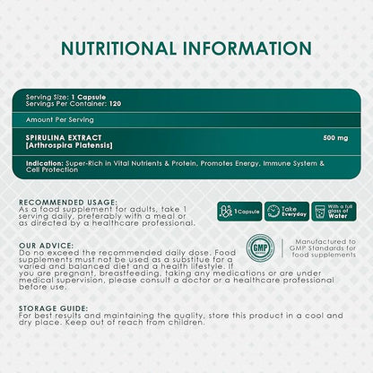 AMBROSIAL Spirulina Capsules 500 mg per (Pack of 1-120 Capsules)