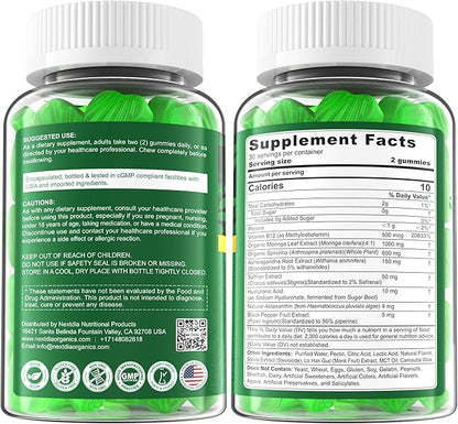 Organic Moringa Gummies 1000mg - Whole Food Green Superfood, Rich in Vegan Protein, Fiber, B-Complex, Potassium, Magnesium, Calcium - w/Spirulina, Saffron, Ashwagandha for Energy & Gut Health, 120Cts