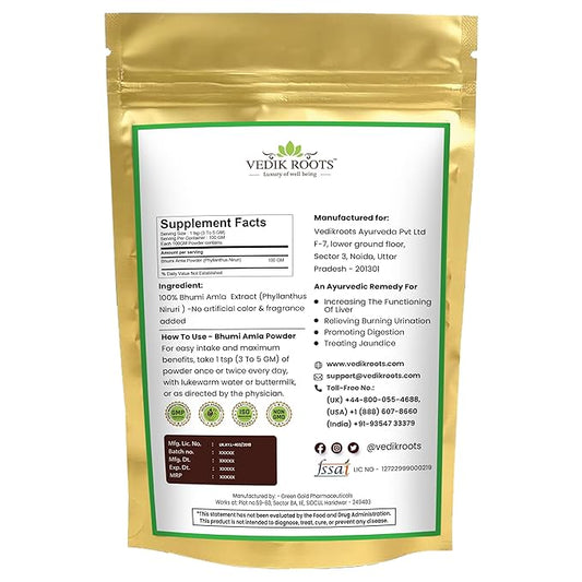 Vedikroots Bhumi Amla Powder/Churn - Organic And Pure Ingredient Extract For Healthy Liver Functioning And Digestive Strength Enriched With Essential Nutrients (100 GM) (100 g (Pack of 1))