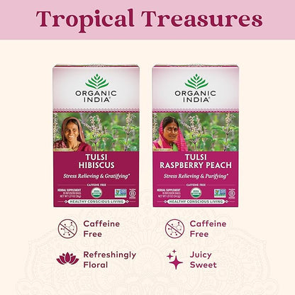 Organic India Tulsi Hibiscus Herbal Tea - Holy Basil, Stress Relieving & Gratifying, Immune Support, Adaptogen, Vegan, USDA Certified Organic, Non-GMO, Caffeine-Free - 18 Infusion Bags, 1 Pack