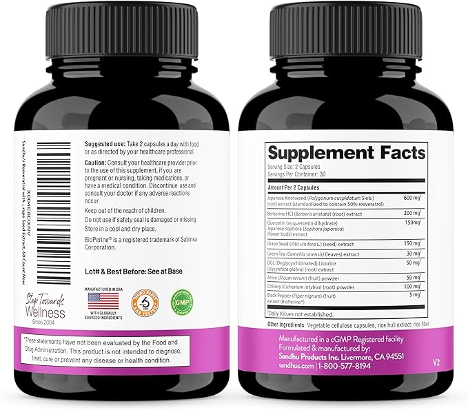 Sandhu's Resveratrol with Berberine for Gut Health | Digestive Supplement for Women & Men | Green Tea, Star Anise, DGL, Grape Seed Extract & Quercetin | Eases Bloating | 60 Capsules (Pack of 2)