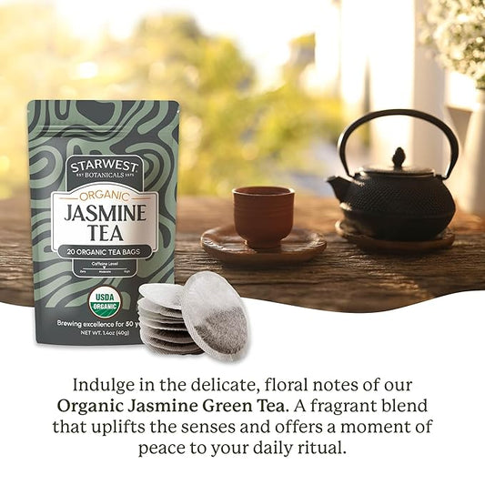 Starwest Botanicals Organic Jasmine Tea - Caffeinated Herbal Blend, Green Tea Scented with Natural Jasmine Flowers, Fragrant & Uplifting, Enjoy Hot or Iced, USDA Organic, Non GMO - 20 Tea Bags