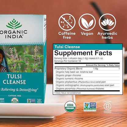 Organic India Tulsi Cleanse Herbal Tea - Holy Basil, Stress Relieving & Detoxifying, Immune Support, Adaptogen, Vegan, USDA Certified Organic, Non-GMO, Caffeine-Free - 18 Infusion Bags, 1 Pack
