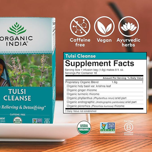 Organic India Tulsi Cleanse Herbal Tea - Holy Basil, Stress Relieving & Detoxifying, Immune Support, Adaptogen, Vegan, USDA Certified Organic, Non-GMO, Caffeine-Free - 18 Infusion Bags, 1 Pack