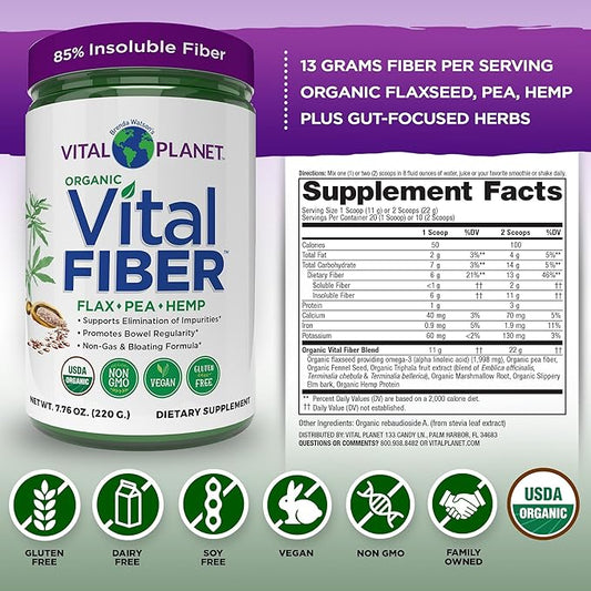 Vital Planet - Vital Fiber Powder, Soluble and Insoluble Fiber Supplement with Flax, Pea and Hemp, Organic Daily Dietary Supplement Supports Gut Digestive Regularity 7.76 oz
