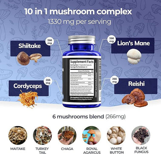 Mushroom Power Complex 10-in-1 W/Cordyceps, Reishi, Shiitake & Lions Mane, Nootropic Dietary Supplement for Gut Microbiome, Focus, Energy & Vitality - 60 Capsules