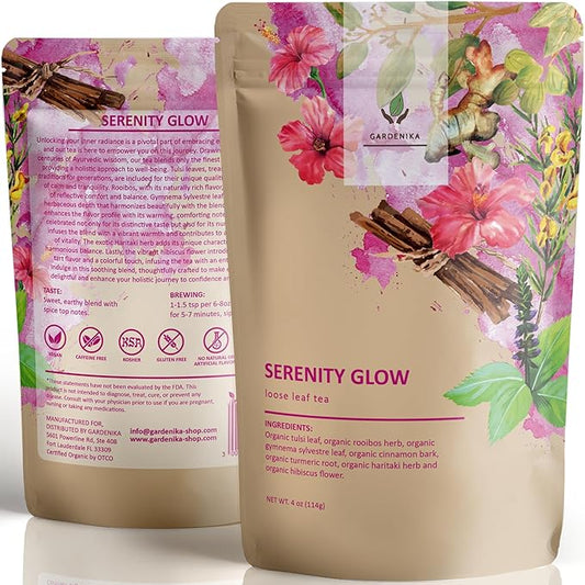 Gardenika Organic Serenity Glow Loose Leaf Tea, Herbal, Caffeine-Free, KSA Kosher, Ayurvedic Wellness Blend with Tulsi, Rooibos, Turmeric, Hibiscus – 4 oz (1 Pack)