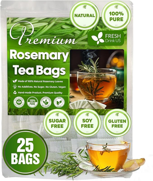 FRESHDRINKUS, Premium 25 Rosemary Leaf Tea Bags, 100% Natural and Pure Rosemary Dried Leaves, Pure Rosemary Herbal Tea, No Additives, No Caffeine, No Gluten, Vegan.