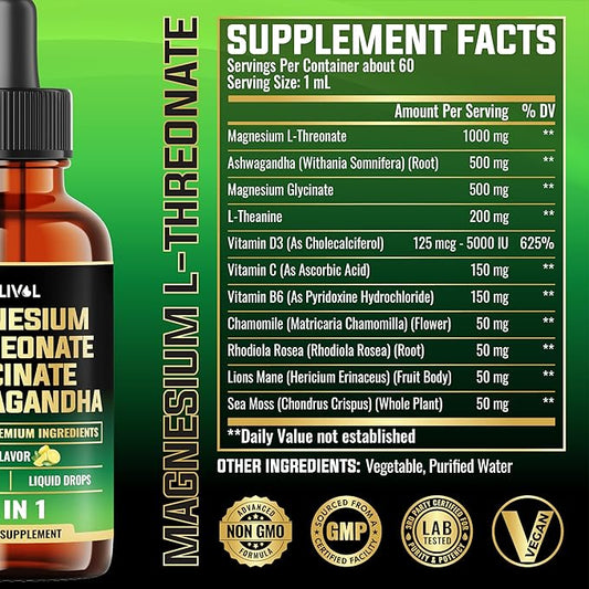 10in1 Magnesium L-Threonate Liquid Drops with Magnesium Glycinate, Ashwagandha, Vitamin D3, C, B6 & 4 Other Ingredients - 2 Fl Oz - Lemon Flavor
