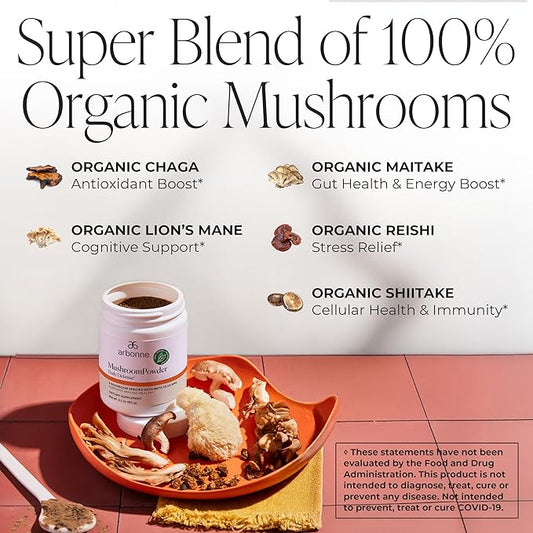 Arbonne Mushroom Powder Daily Defense - Daily Mushroom Supplement Powder Superblend That Supports Immune and Cognitive Health, 100% Organic Mushrooms, 2.1 oz
