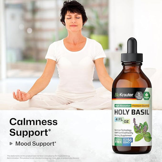 BIO KRAUTER Holy Basil Tincture - Tulsi Powder Liquid Extract - Supports Calmness and Relaxation - Ursolic Acid Supplement - Alcohol and Sugar Free Holy Basil Extract - Vegan Drops 4 Fl.Oz.
