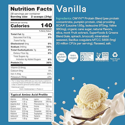 OWYN Only What You Need Dairy Free Protein Powder with 20g Protein, Probiotics, Superfoods Greens, Pea, Chia and Pumpkin Seed Blend (Smooth Vanilla, 2.1 Pound - Pack of 1)