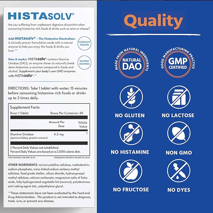 HISTAsolv Extra Strength DAO Enzyme Supplement for Histamine Food Intolerance - Eases Digestive Discomfort - Patented Tech - Made in Austria - 30 Pack