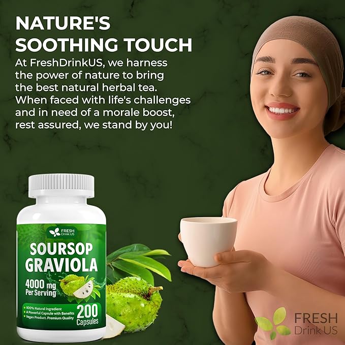 FRESHDRINKUS, Premium 200 Soursop Capsules, 4000mg per Serving, 100 Days Supply – 100% from Natural Soursop Graviola Fruits and Leaves Extract, Vegan Capsules, Non-GMO, Gluten-Free.