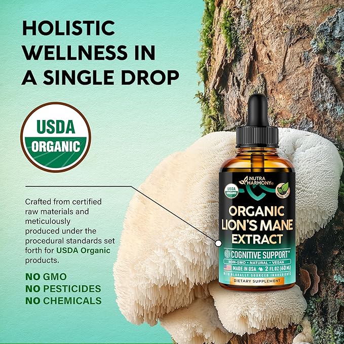 Lions Mane Liquid - USDA Certified Organic Lions Mane Supplement - Brain Support, Energy, Memory & Focus - Sugar & Alcohol-Free Lions Mane Mushroom Extract 72,000 mg / Bottle - 2 Fl OZ, 2 Month Supply
