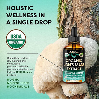 Lions Mane Liquid - USDA Certified Organic Lions Mane Supplement - Brain Support, Energy, Memory & Focus - Sugar & Alcohol-Free Lions Mane Mushroom Extract 72,000 mg / Bottle - 2 Fl OZ, 2 Month Supply