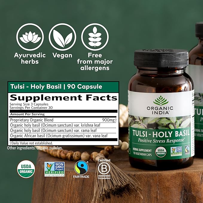 ORGANIC INDIA Tulsi Holy Basil Capsules - Holy Basil Extract - Holy Basil Leaf Supplement, Herbal Supplement, Immune Support, Stress Relief, Vegan, Gluten-Free, Kosher, Organic, Non-GMO - 90 Capsules