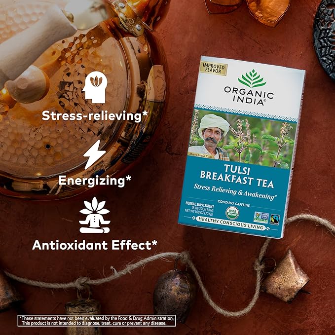 Organic India Tulsi Breakfast Herbal Tea - Holy Basil, Stress Relieving & Awakening, Immune Support, Adaptogen, Vegan, USDA Certified Organic, Non-GMO, Caffeinated - 18 Infusion Bags, 1 Pack