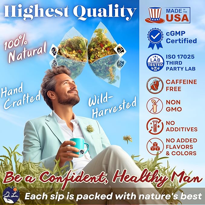 Dr. Lu’s Happy Tea for Guy | 100% Natural Energy Tea for Men | Supports Prostate, Vitality & Fertility | 11-Herb Blend with Maca, Corn Silk & Hibiscus in Corn Fiber Tea Bags Made in USA