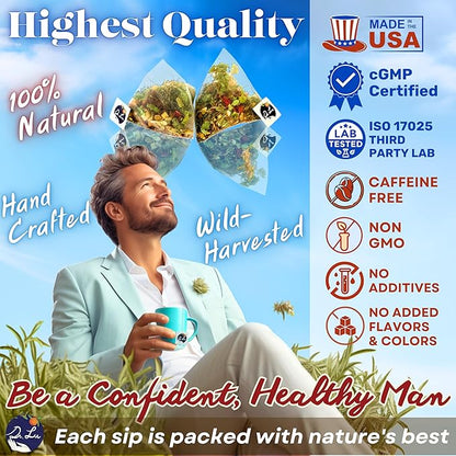 Dr. Lu’s Happy Tea for Guy | 100% Natural Energy Tea for Men | Supports Prostate, Vitality & Fertility | 11-Herb Blend with Maca, Corn Silk & Hibiscus in Corn Fiber Tea Bags Made in USA