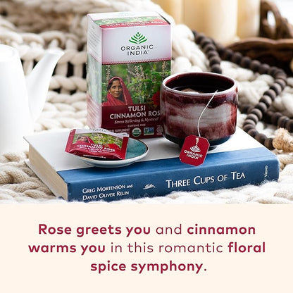 Organic India Tulsi Cinnamon Rose Herbal Tea - Stress Relieving & Mystical, Immune Support, Gluten-Free, USDA Certified Organic, Supports Sugar Metabolism, Caffeine-Free - 18 Infusion Bags, 1 Pack