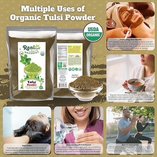 Rani Organic Tulsi Powder (Holi Basil Powder) 7oz (200g) ~ All Natural | No Color | Gluten Friendly | Vegan | NON-GMO | Kosher | No Salt or fillers | Indian Origin | USDA Organic Certified