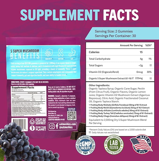 Mushie 100% Organic 5 Super Mushroom Complex Gummies - 2000mg Reishi, Turkey Tail, Maitake, Chaga & Shiitake Blend - Gut Health & Immune Support with Vitamin D - Vegan, Gluten-Free - 60 Count