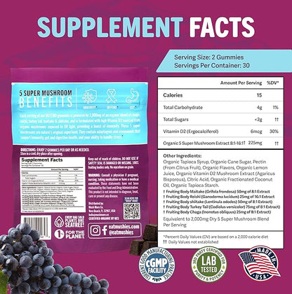 Mushie 100% Organic 5 Super Mushroom Complex Gummies - 2000mg Reishi, Turkey Tail, Maitake, Chaga & Shiitake Blend - Gut Health & Immune Support with Vitamin D - Vegan, Gluten-Free - 60 Count