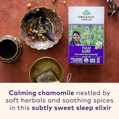 ORGANIC INDIA Tulsi Sleep Herbal Tea - Holy Basil, Ashwagandha, Chamomile, Night Time Tea for Bedtime, Stress Relieving & Relaxing, Immune Support, USDA Certified Organic - 18 Infusion Bags, 1 Pack