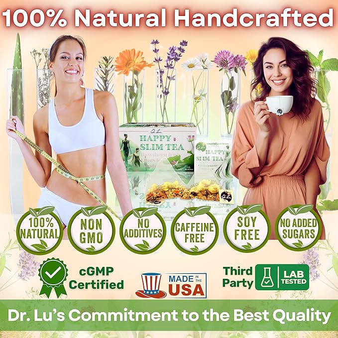 Dr. Lu’s Happy Slim Tea | 100% Natural Detox Tea for Body Balance & Shape | Colon Cleanse tea for Bloating & Digestion | 11 Inno-Cleanse Herbs incl. Hawthorn, Lotus Leaf, Burdock, Dandelion | Laxative-Free